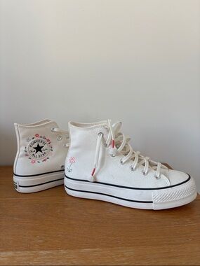 Converse White High Top Sneakers with Pink Floral Accents